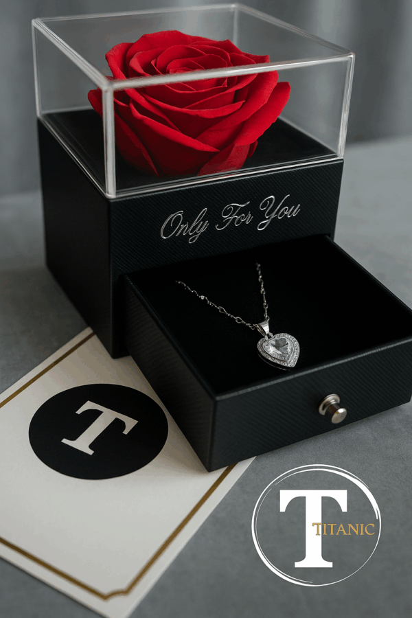 Rose éternelle thème Titanic avec bijoux et photo